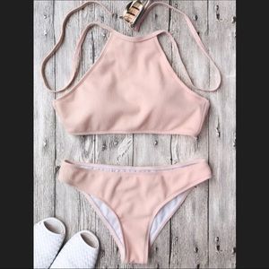 Pink Zaful Ribbed High Neck Bikini Set